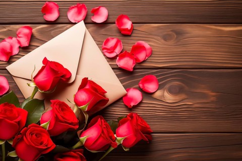 Vibrant red roses, a romantic valentine love letter in an elegant envelope, and scattered rose