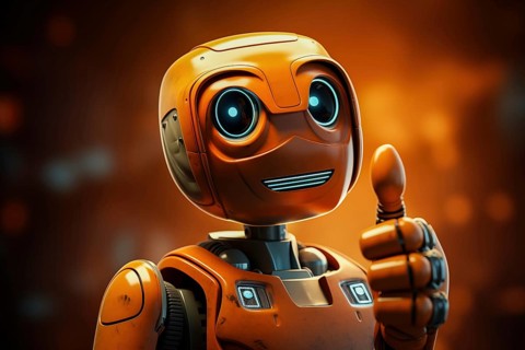 Orange robot showing a thumbs up gesture. The friendly robot has big round eyes and a friendly
