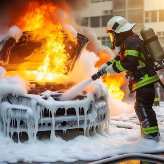 A firefighter in full gear uses a hose with chemical white foam to extinguish flames engulfing