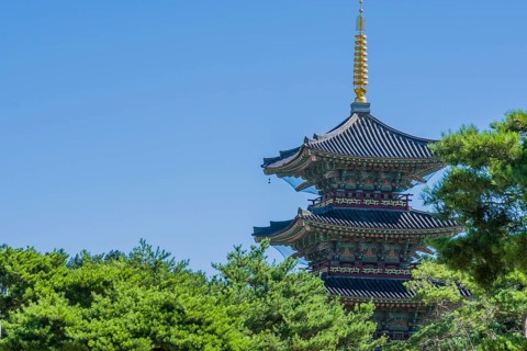 Tall oriental pagoda with tiled roof and golden spire behind beautiful trees in public park on
