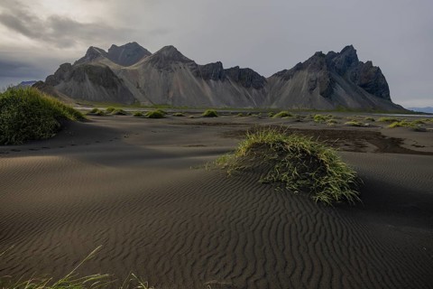 Vestrahorn, mountains with black lava sand, southern Iceland