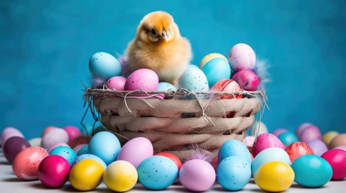 A fluffy chick sits atop a basket filled with pastel-colored Easter eggs against a vibrant blue