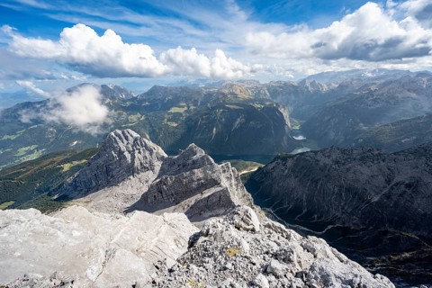 View from the rocky summit of the Watzmann Mittelspitze, view of mountain panorama with Steinernes