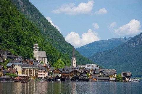 Hallstatt, a charming village on the Hallstattersee lake and a famous tourist attraction, with
