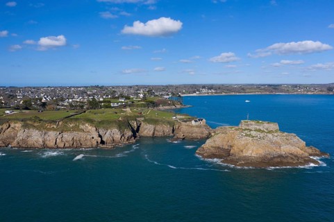 Aerial view of Fort de Bertheaume on a rock off the coast in Plougonvelin on the Atlantic coast at