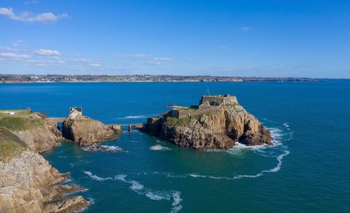 Aerial view of Fort de Bertheaume on a rock off the coast in Plougonvelin on the Atlantic coast at