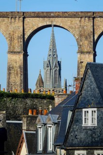View from the Place Alende, on the viaduct of the railway line Paris-Brest and church tower of the