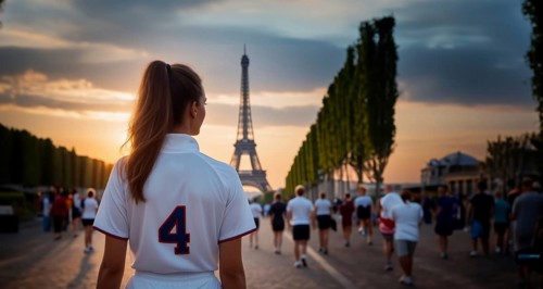 Woman athlete in Paris in sportswear against the background of the Eiffel Tower. Concept of the