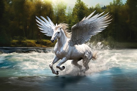 Legendary Pegasus winged horse of the Greek Mythology running through water with open wings, AI