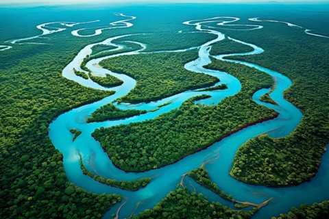 Aerial view of a meandering river in a tropical rainforest, Brazil, AI Generated, AI generated,