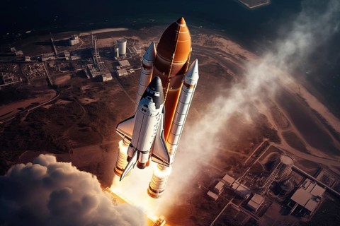 Aerial view of a rocket shuttle carrier launch at sunrise over an ocean coast. The rocket is