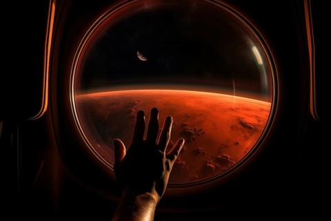 Mars landscape seen through spaceship window illuminator with astronaut hand touching the glass.