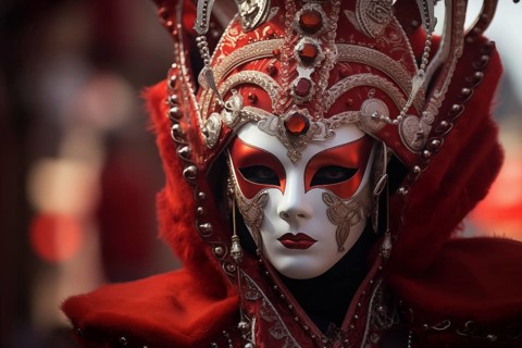 A person adorned in a richly detailed and colorful carnival costume, complete with an elaborate
