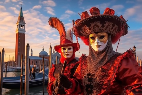 Persons adorned in a richly detailed and colorful carnival costume, complete with an elaborate