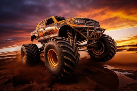 Monster truck driving outdoors amidst a cloud of dust. Thrill and adrenaline of an outdoor racing