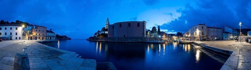 St. Anthony's Church and harbour, blue hour at dawn, panoramic view, Veli Losinj, Kvarner Bay,