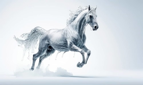 White horse with flying hair and splashes of water on white background. Frozen water splashes on