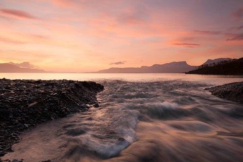Sunrise at Lake Tornetraesk in Lapland. View of Abisko National Park and Laporten from Silverfallet