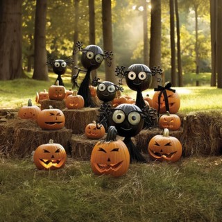 Halloween scene with pumpkins and figures in Tim Burton style, pumpkins with personality,