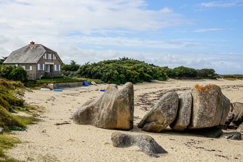 Lighthouse and beach at the Pointe de Pontusval, Plouneour-Brignogan-Plage, department Finistere