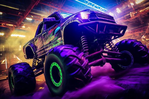 Monster truck illuminated by neon lights amidst a cloud of dust at an indoor arena. Excitement and