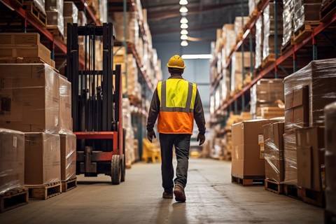 A worker in a reflective vest operates a forklift in a well-lit warehouse, navigating through