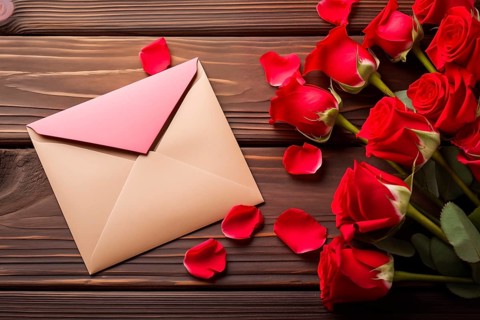 Vibrant red roses, a romantic valentine love letter in an elegant envelope, and scattered rose