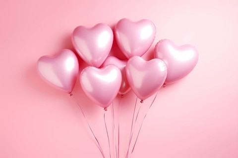 Bunch of glossy pink heart-shaped balloons against a soft pink background, perfect for Valentine's