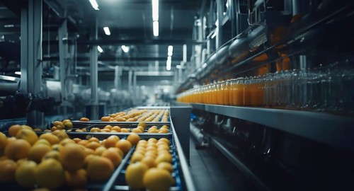 Production of juice from fruits and berries at the factory, conveyor with bottles of juice, AI