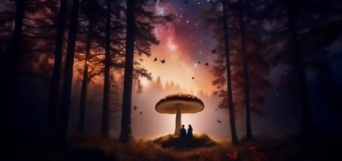 Couple resting in the forest under mushrooms, the concept of a fly agaric psilocybin trip, AI