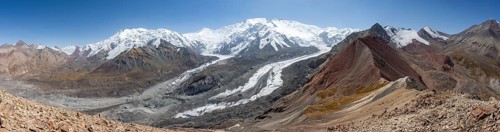 Panorama, high mountain landscape with glacier moraines and glacier tongues, glaciated and