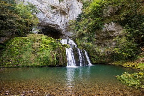 Spring and waterfall, Source du Lison, Source des Lison, Nans-sous-Sainte-Anne, Departement Doubs,