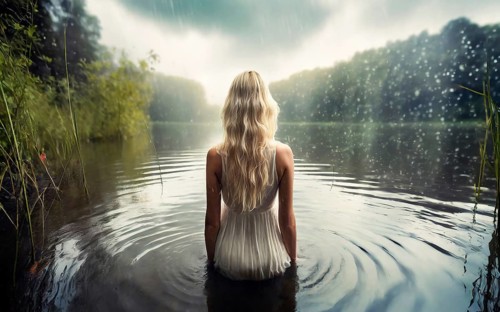 Suicidal thoughts, a young depressive woman with suicidal intent stands in the water by a lake in