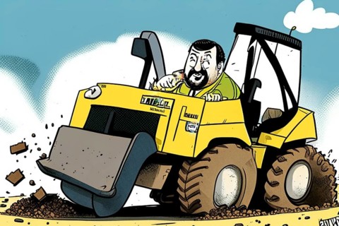 An amusing cartoon illustration of a man operating a tractor with a humorous expression on his face