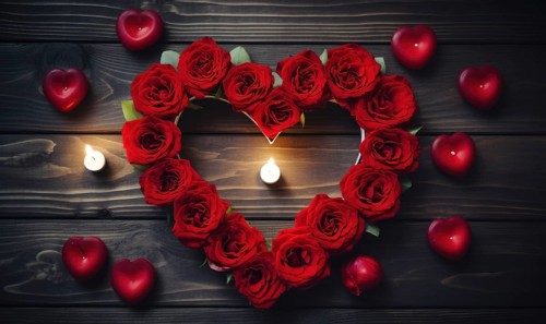Heart-shaped rose arrangement with floating candles and love-themed accents AI generated