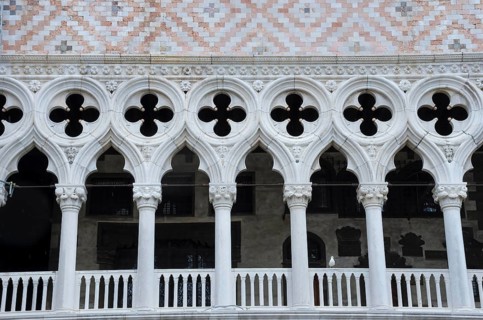 Detail of Doge's Palace (Palazzo Ducale) facade, famous tourist attraction in Venice, Italy, front