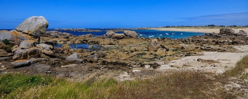Granite rock formations on the beach of the English Channel near the village of Meneham, Menez Ham,
