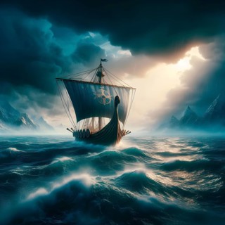 Dragon boat, Viking ship of the Vikings on the stormy sea, AI generated, AI generated