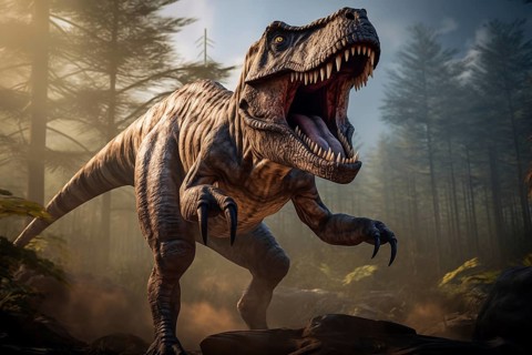 Tyrannosaur rex roaring in a prehistoric forest with lush vegetation, ferns and sunlight, AI