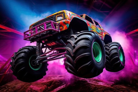 Monster truck with neon lighting, jumping off-road in cloud of dust. Excitement and thrill of an