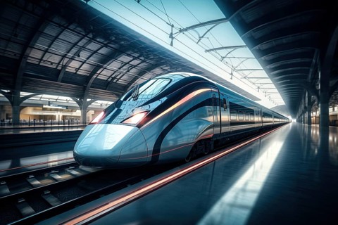 Modern high speed train in a futuristic train station. Modern transportation technology, speed,