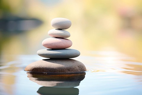 Stack of zen stones on water with a nature background. The image conveys a sense of balance,