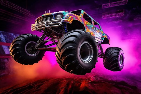Monster truck with neon lighting, jumping off-road in cloud of dust. Excitement and thrill of an