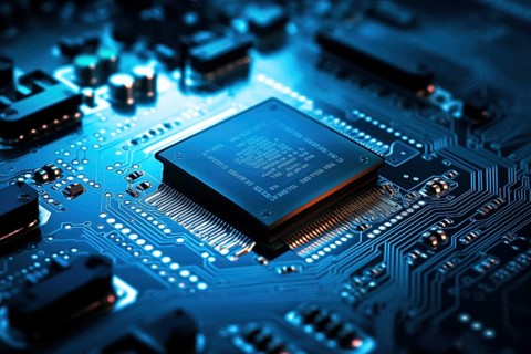 Close-up image of a blue circuit board with a central microchip processor CPU with various