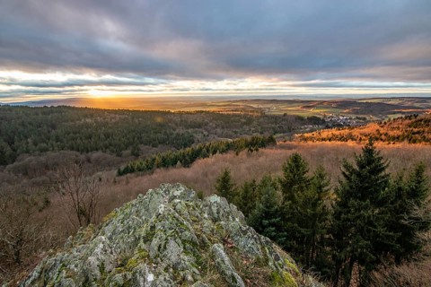Landscape at the Grosser Zacken, Taunus volcanic region. A cloudy, sunny autumn day, meadows,
