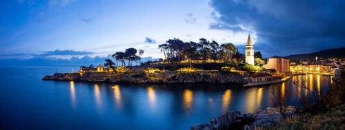 St. Anthony's Church and harbour, blue hour at dawn, panoramic view, Veli Losinj, Kvarner Bay,