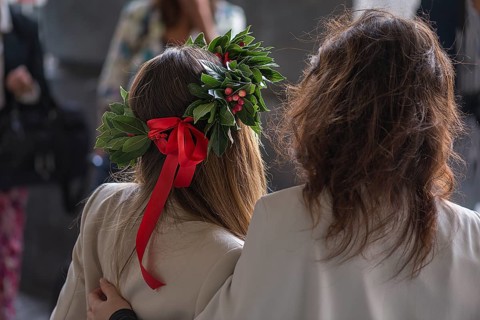 Graduate of the University of Genoa with traditional laurel wreath and red ribbon, Genoa, Italy,
