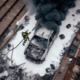 A firefighter in full gear uses a hose with chemical white foam to extinguish flames engulfing