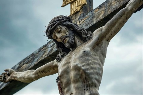 Statue of Jesus on the cross with crown of thorns under a cloudy sky, conveys a sense of suffering