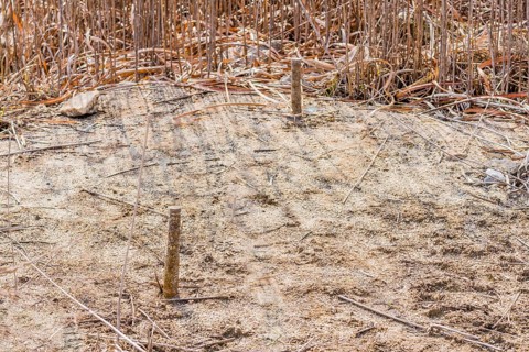 Closeup of concrete block with threaded metal bars that is part of building foundation in tall